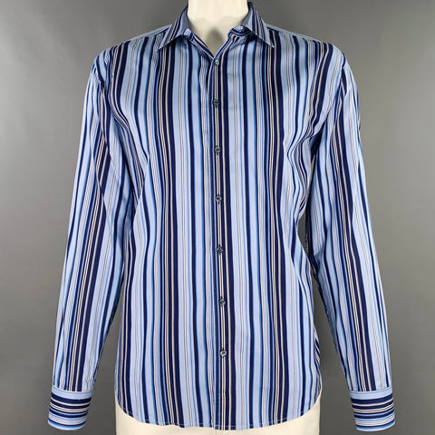 BUGATCHI UOMO Size XL Blue Navy Stripe Cotton Spread Collar Long Sleeve Shirt
