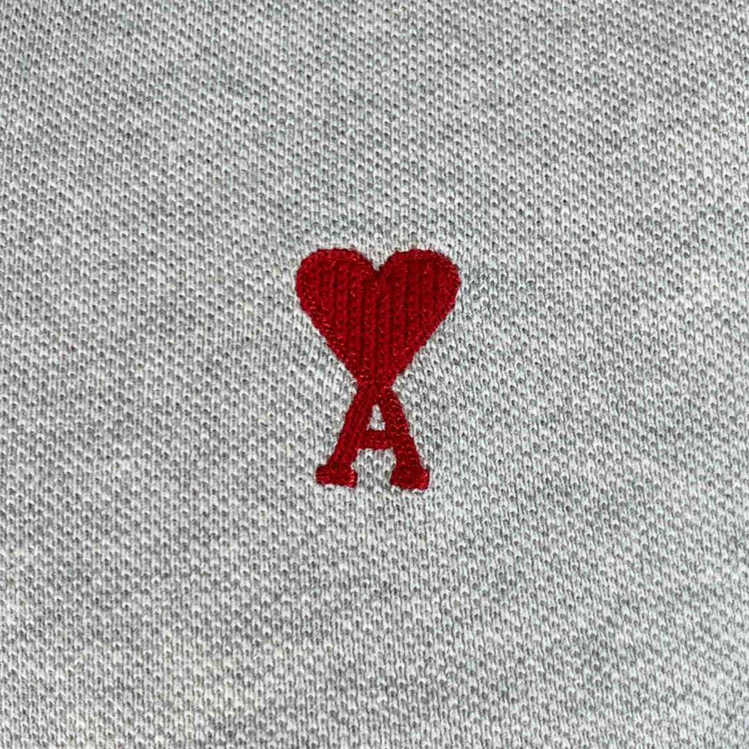 AMI Size L Grey Red Logo Half Placket Polo