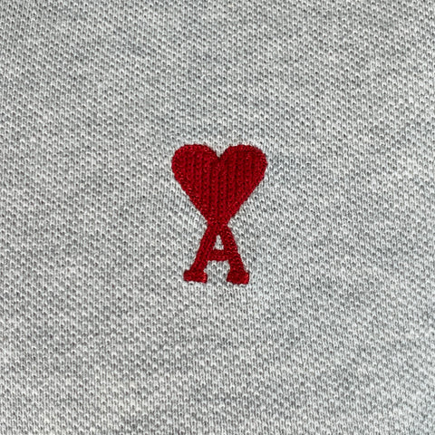 AMI Size L Grey Red Logo Half Placket Polo
