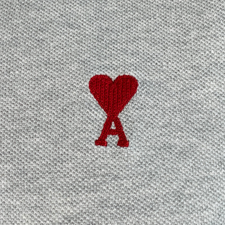 AMI Size L Grey Red Logo Half Placket Polo
