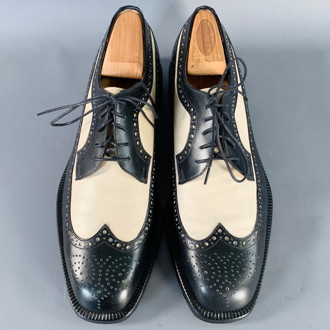 SALVATORE FERRAGAMO Size 9 Black Ivory Leather Spectator Wingtip Lace-Up Shoes