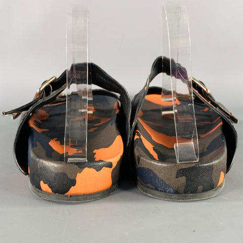 GIVENCHY Size 11 Black Green & Orange Camouflage Leather Slide Sandals