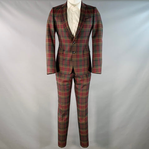 DRIES VAN NOTEN Size 36 Red Green Plaid Wool Notch Lapel Suit