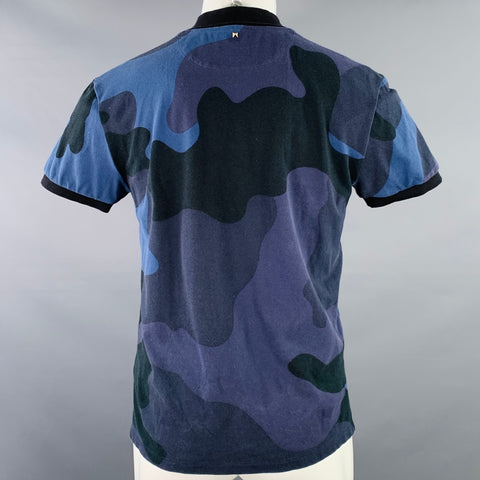 VALENTINO Size M Black Blue Camouflage Cotton Buttoned Polo