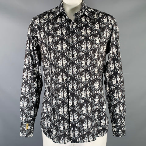 BILLIONAIRE COUTURE Size XL Black White Wolf Print Long Sleeve Shirt