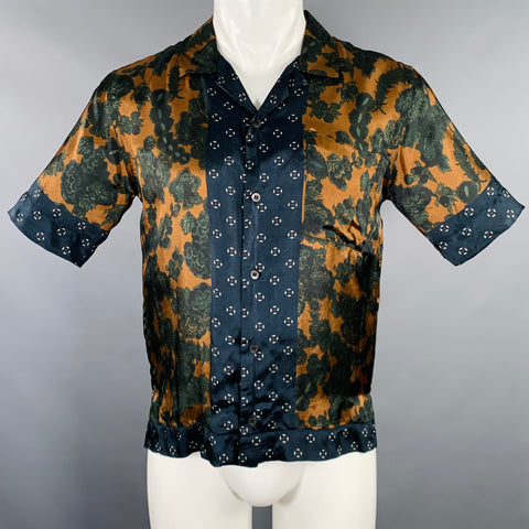 DRIES VAN NOTEN Size S Navy Tan Floral Camp Short Sleeve Shirt