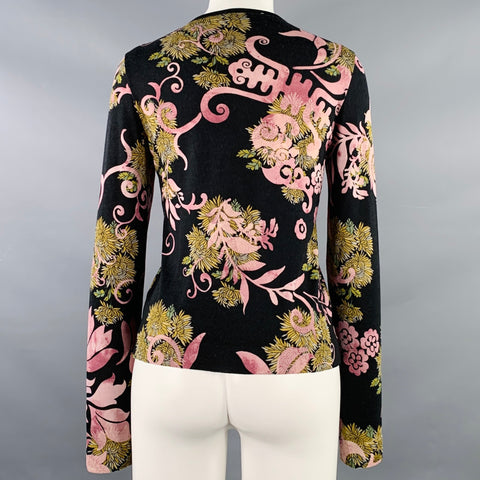 CHRISTIAN DIOR Size 6 Black Purple Wool Blend Abstract Floral Cardigan