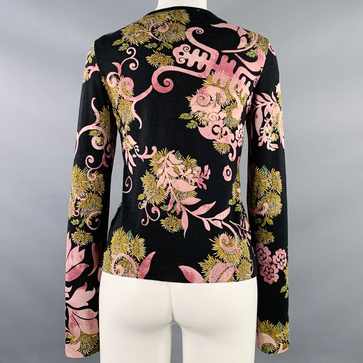 CHRISTIAN DIOR Size 6 Black Purple Wool Blend Abstract Floral Cardigan