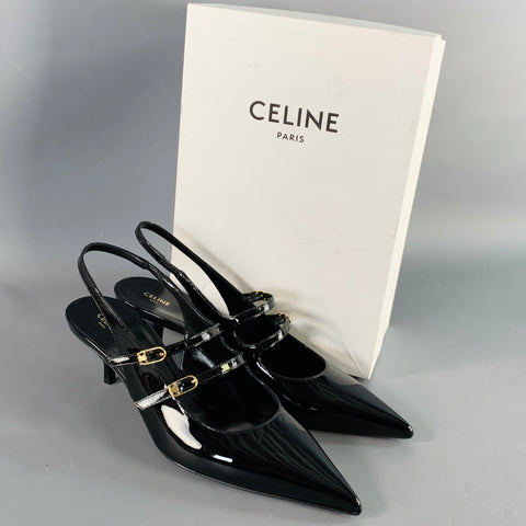CELINE Size 12 Judy Black Patent Leather Slingback Kitten Heel Pumps