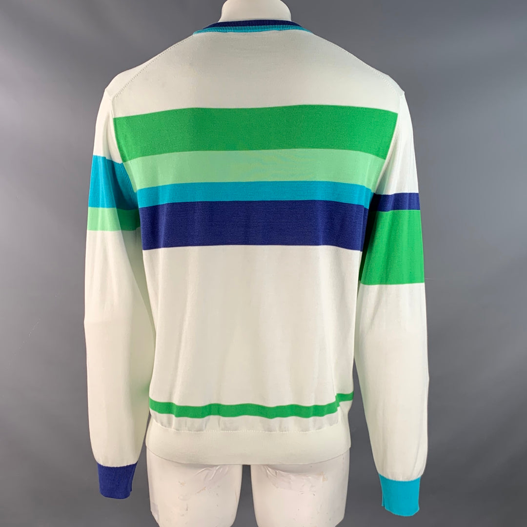 MR TURK Size XL White Blue Green Stripe Cotton Blend Crew Neck Pullover