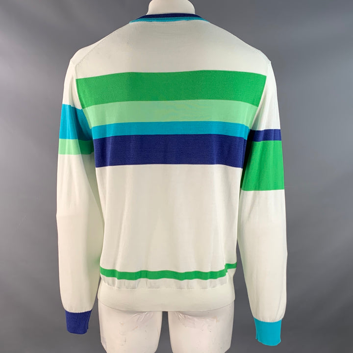 MR TURK Size XL White Blue Green Stripe Cotton Blend Crew Neck Pullover