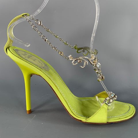 RENE CAOVILLA Size 6.5 Green Chartreuse Silk Rhinestones Strappy Sandals