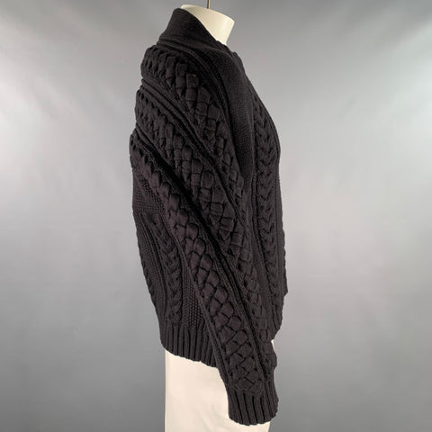 BURBERRY Size L Black Cable Knit Cotton Polyester Raglan Sweater