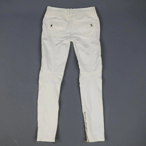 BALMAIN Size 4 White Cotton Gold Zip Moto Jeans BALMAIN