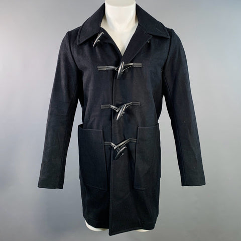SANDRO Size S Navy Black Wool Blend Faux Leather Trim Toggle Closure Coat