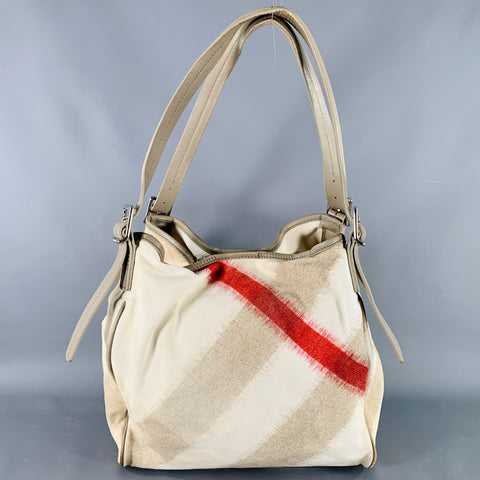 BURBERRY Beige Red Plaid Canvas Tote Handbag