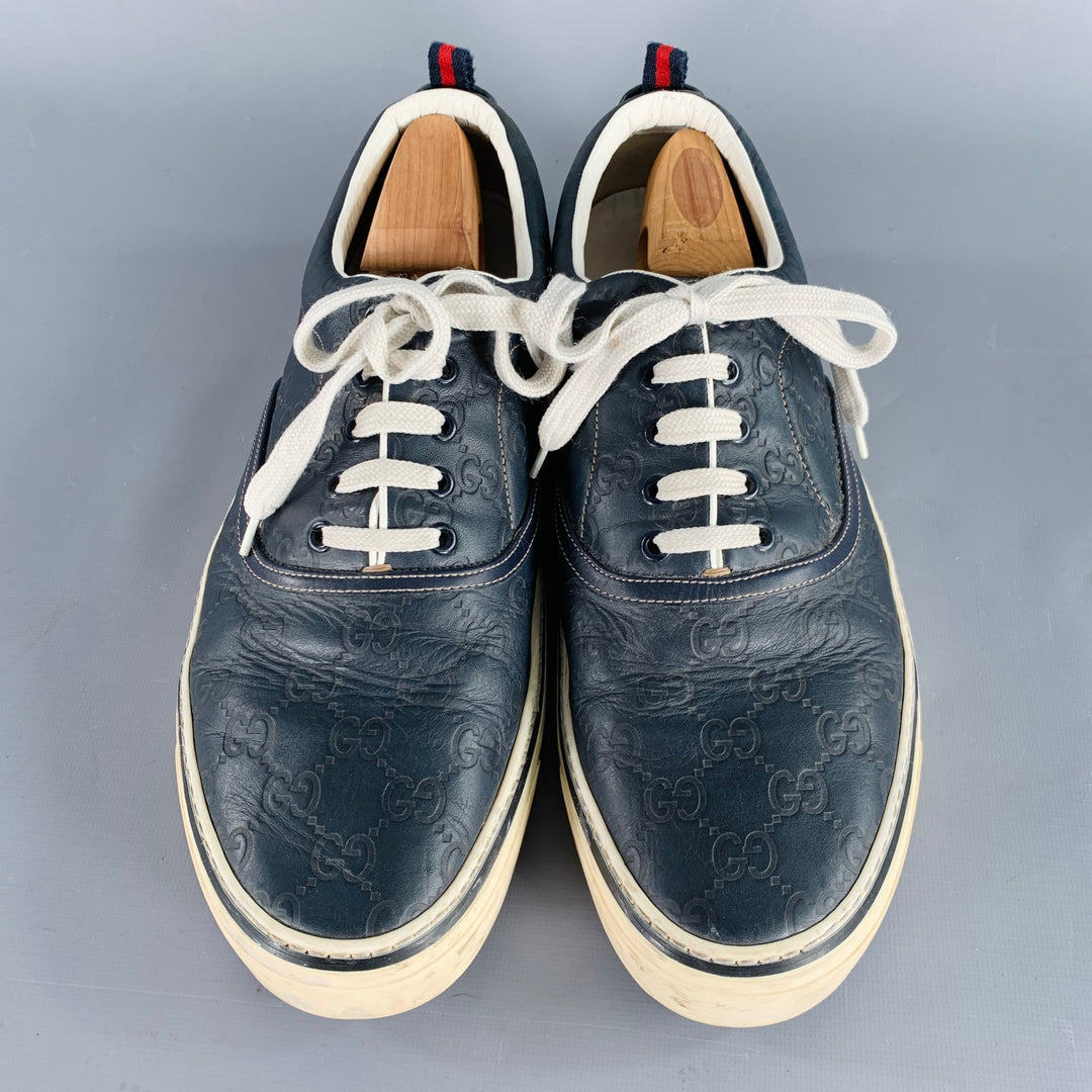 GUCCI Size 11 Guccissima Navy Embossed Leather Sneakers