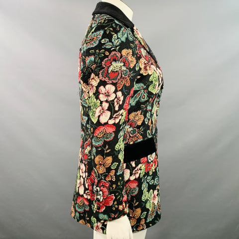 ANNE FONTAINE Size 10 Saskia Black Multi Color Floral Jacquard Velvet Trim Jacket Blazer