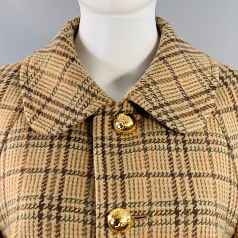 CELINE Taille 6 Manteau à manches raglan à carreaux en mélange de laine kaki marron olive