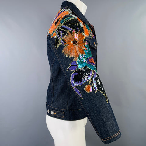 DRIES VAN NOTEN Size S Navy Multi Color Sequined Cotton Jacket