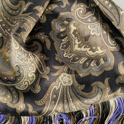 ETRO Grey Green Paisley Velvet Silk Fringe Scarf