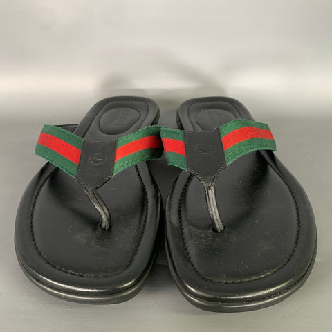 GUCCI Size 10.5 Black Green & Red Stripe Leather Thong Sandals