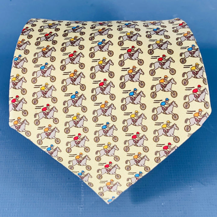 HERMES Yellow Multi Color Equestrian Silk Tie