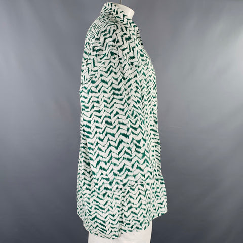 HAIDER ACKERMANN Size L Green White Zig Zag Viscose Silk Short Sleeve Shirt