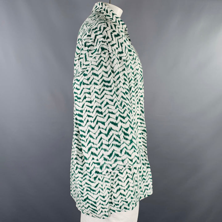 HAIDER ACKERMANN Size L Green White Zig Zag Viscose Silk Short Sleeve Shirt