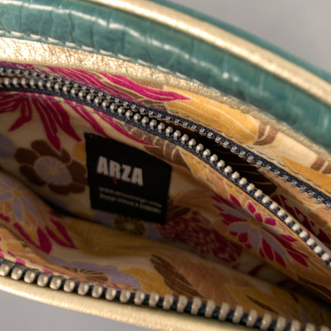 ARZA -Hands-Free- Green Silver Leather Clutch Handbag