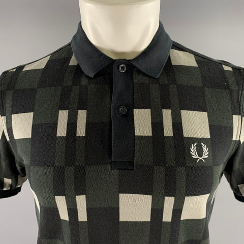 FRED PERRY Size M Black Green Grey Checkered Cotton Polo