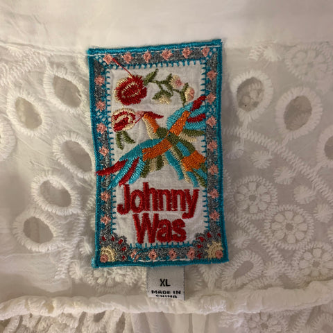 JOHNNY WAS Chemise à manches courtes en rayonne blanche, col cubain, motif napperon, taille XL
