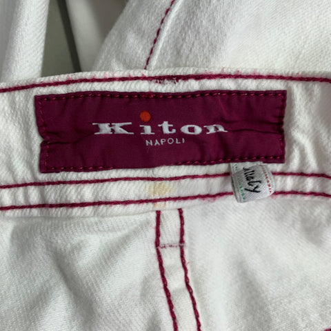 KITON Size 34 White Red Contrast Stitch Distressed Cotton Straight Jeans