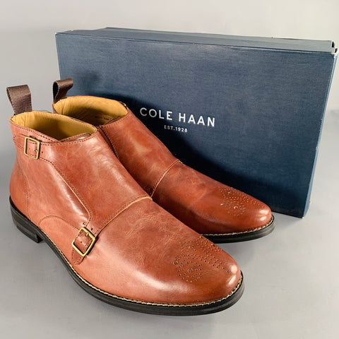 COLE HAAN Size 9.5 Brown Camberley Perforated Leather Double Monk Strap Boots