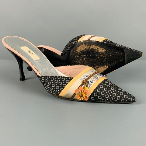 PRADA Size 7.5 Black Multi Color Kimono Floral Mules Pumps
