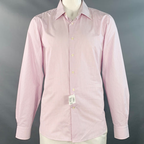 VALENTINO Size XL White Lilac Stripe Cotton Curved Cutaway Long Sleeve Shirt