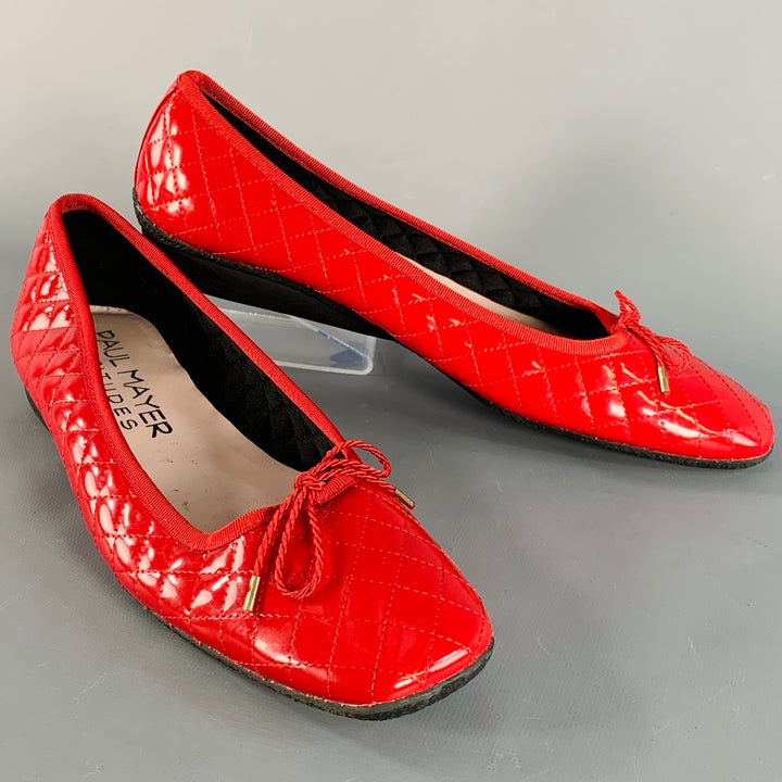 PAUL MAYER Size 9 Red Patent Leather Quilted Bow Flats