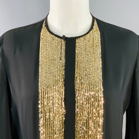 DSQUARED2 Size 8 Black Gold Silk Beaded Collarless Shirt Dress