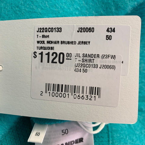 JIL SANDER FW23 Size M Turquoise Knit Brushed Alpaca Wool Jersey Short Sleeve Pullover