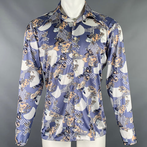 OLEG CASSINI Size M Blue Beige Chinoiserie Nylon Long Sleeve Shirt