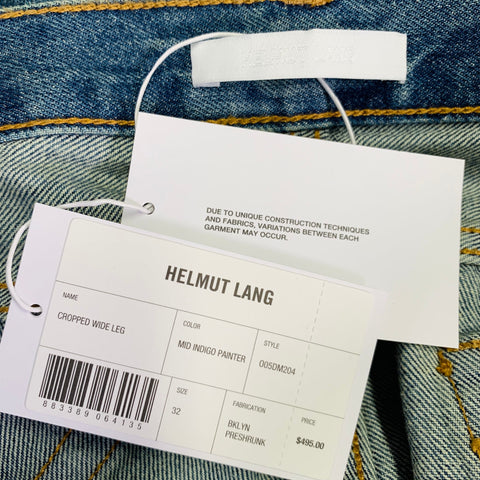 HELMUT LANG Size 32 Cropped Wide Leg Blue Paint Splatter Cotton Adjustable Five Pockets Jeans