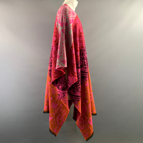 WALTER VAN BEIRENDONCK One Size Pink Orange Wool Abstract Poncho