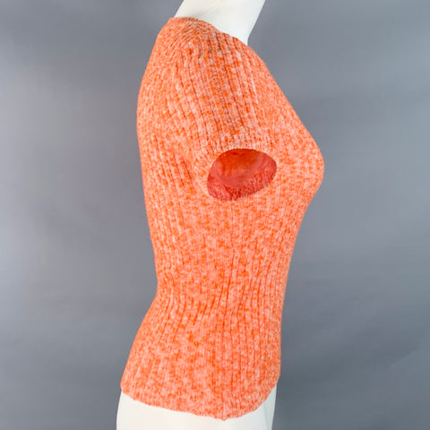 COURREGES Size XS Orange White Acrylic Cotton Ribbed Short Sleeve Casual Top