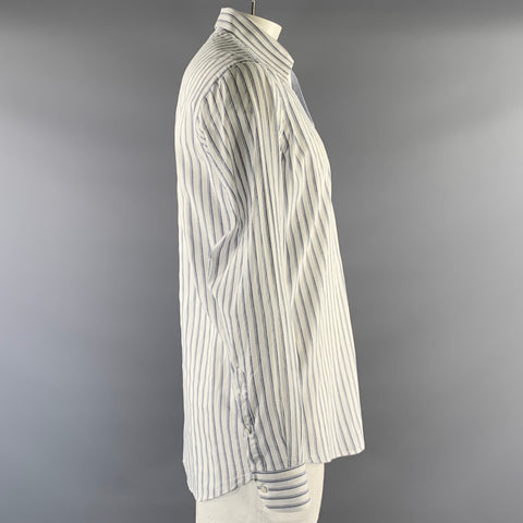 LUCIANO BARBERA Size L White Blue Stripe Linen Blend Camp Long Sleeve Shirt