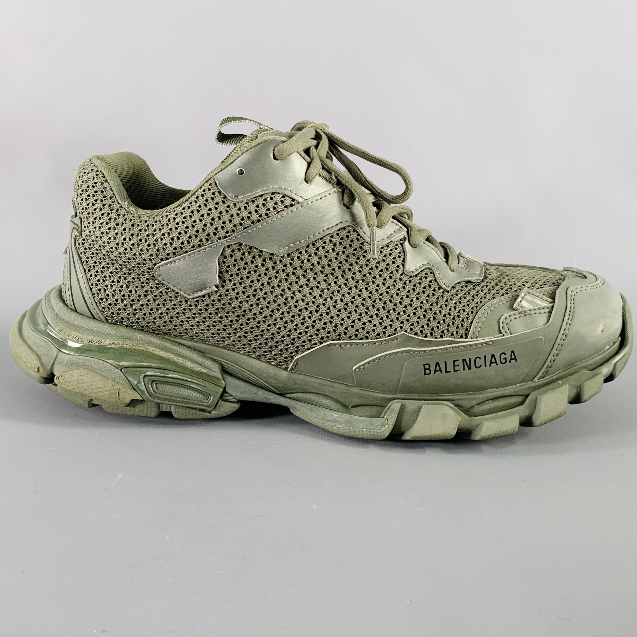 BALENCIAGA Size 11 Track 3 Green Olive Leather Nylon Lace Up Sneakers