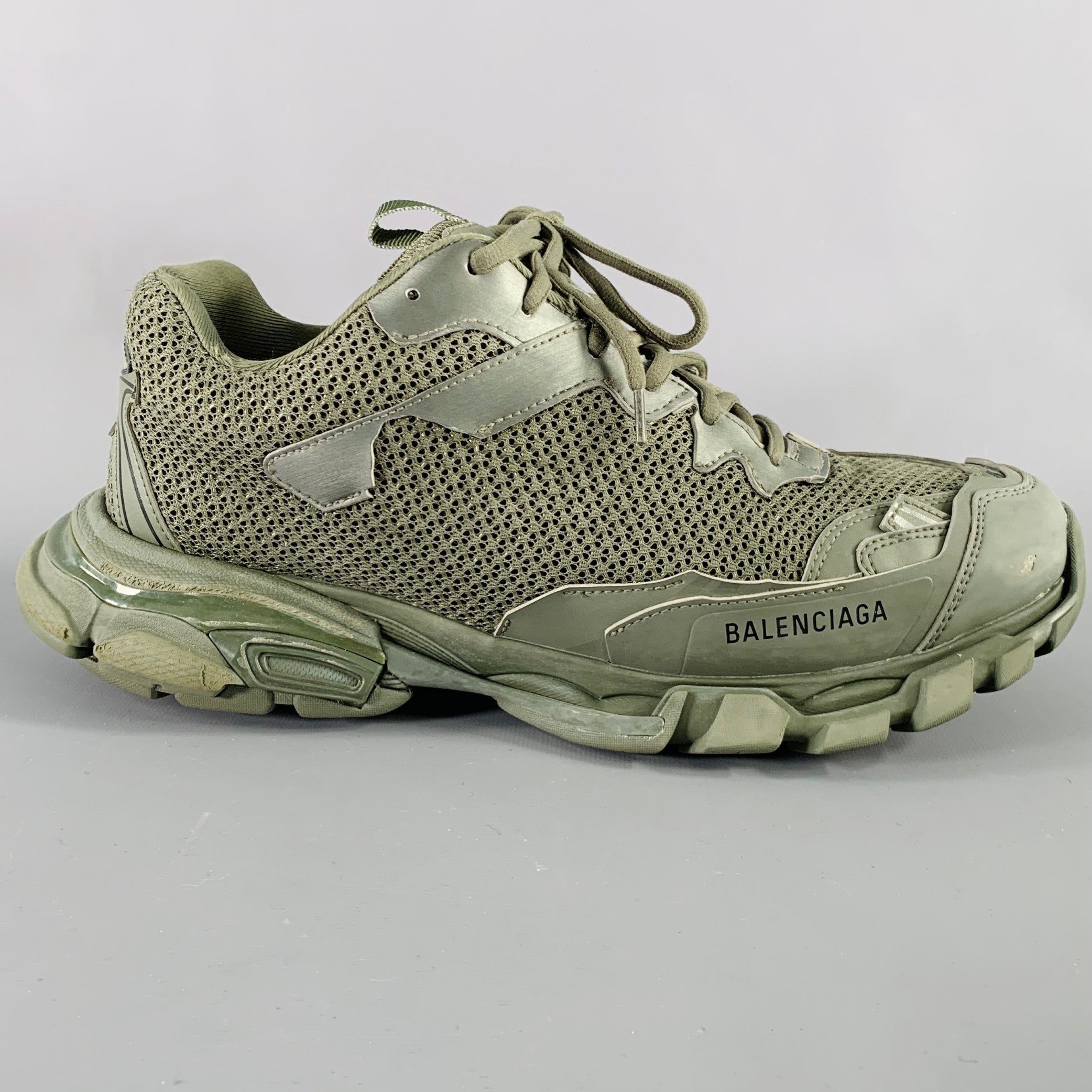 BALENCIAGA Size 11 Track 3 Green Olive Leather Nylon Lace-Up