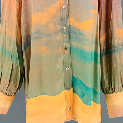 EIKO AI Size 2 Orange Green Viscose Marbled Oversized Shirt