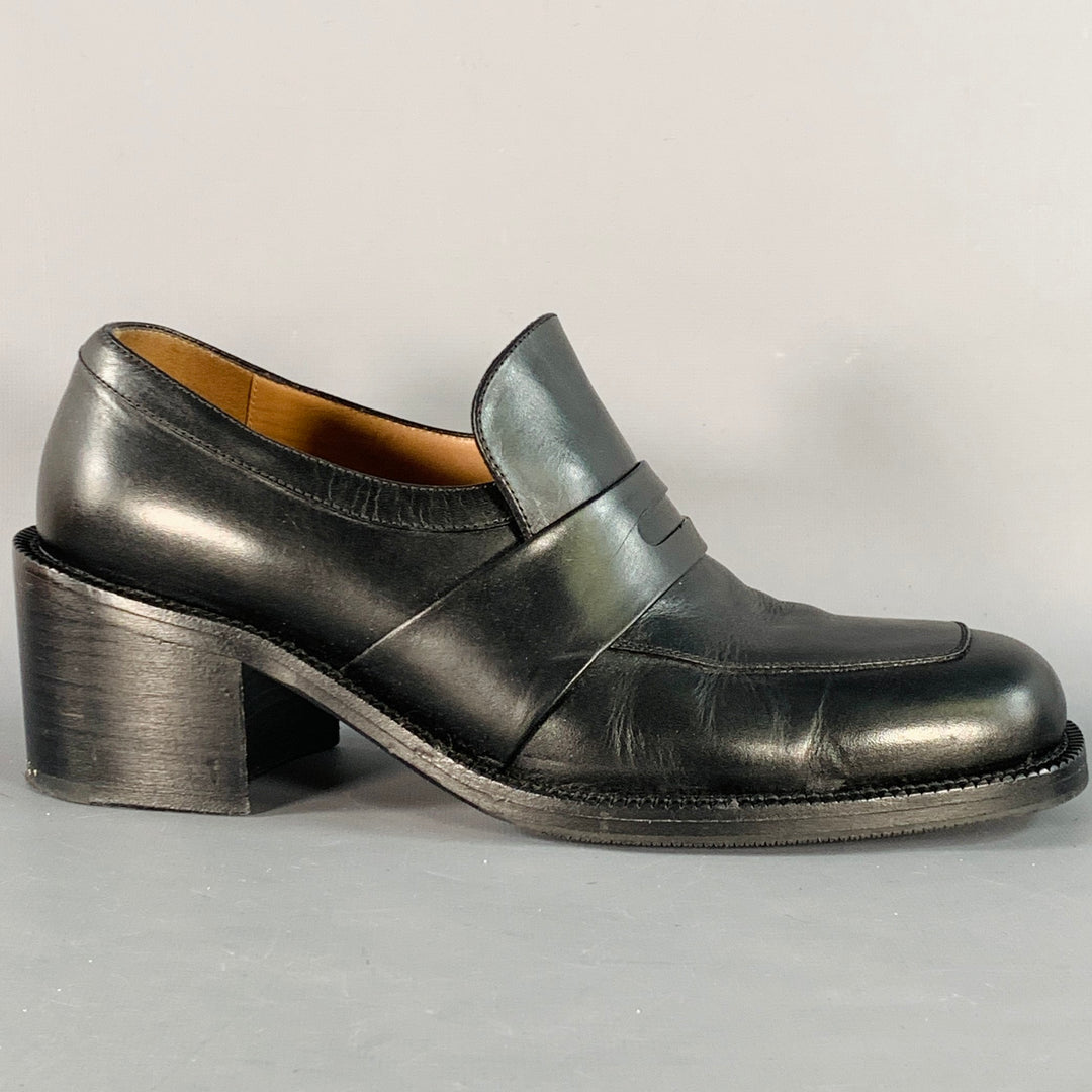 DRIES VAN NOTEN Size 7 Black Leather Chunky Heel Penny Loafers