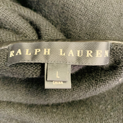 RALPH LAUREN Size L Black Cashmere Lambskin Trim Open Front Cardigan