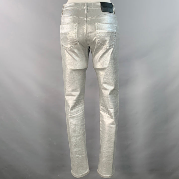 ROBERTO CAVALLI Size 4 Metallic Silver Coated Cotton Blend Skinny Jeans